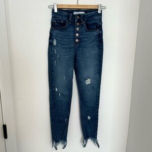 KanCan Skinny Distressed Chewed Hem Jeans Medium Wash Button Front Size 23 Women